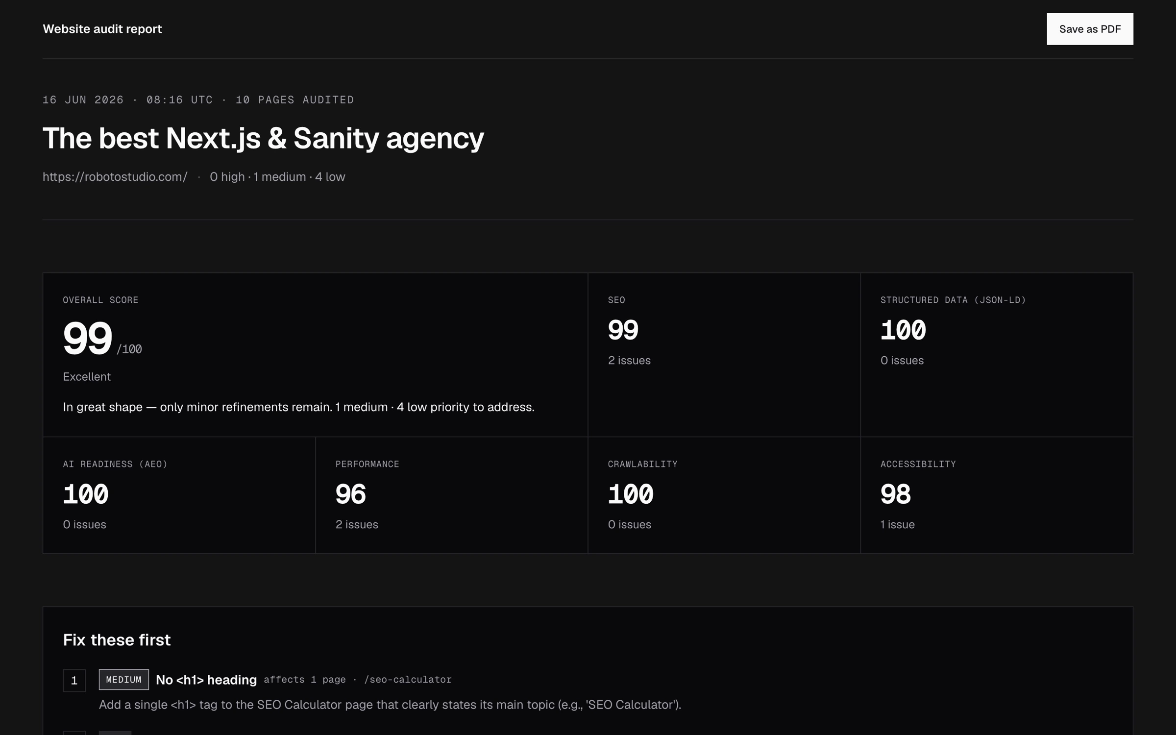 Beacon’s audit report for robotostudio.com, scoring 99 overall